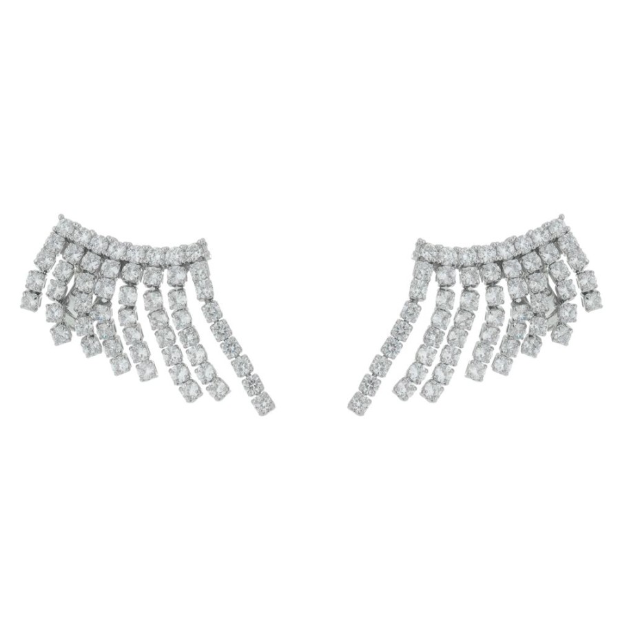 Brincos Piuka | Brinco Ear Cuff Brigite Zirconias Franjas Folheado Em Rodio Branco