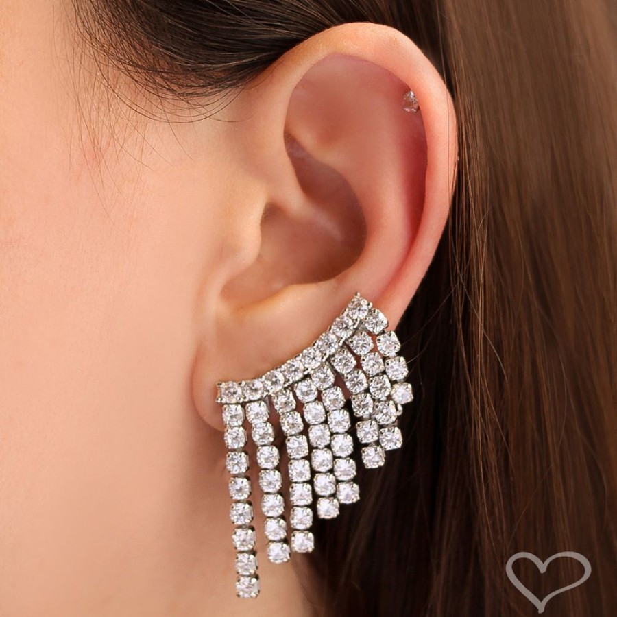 Brincos Piuka | Brinco Ear Cuff Brigite Zirconias Franjas Folheado Em Rodio Branco