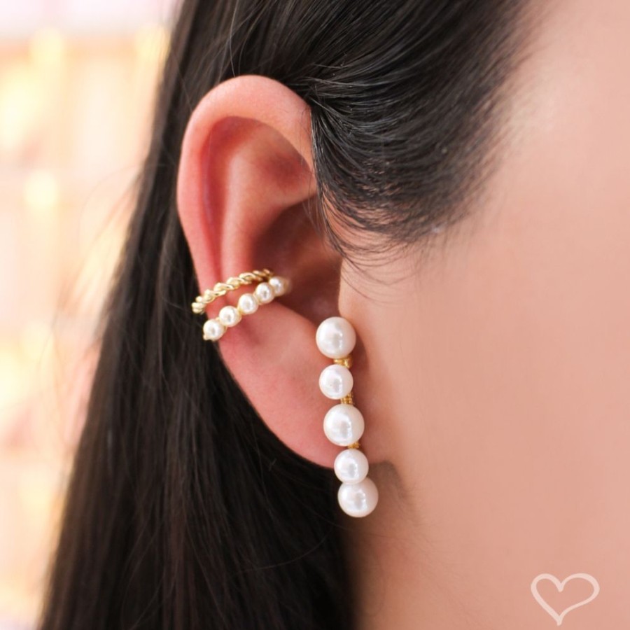 Brincos Piuka | Brinco Piuka Ear Hook Daniela Perolas Folheado A Ouro 18K