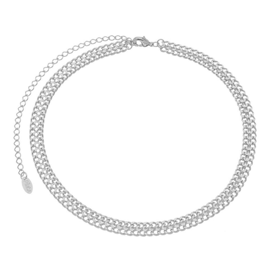 Chokers Piuka | Choker Piuka Kim Elos Grumet Duplos Folheado Em Rodio Branco