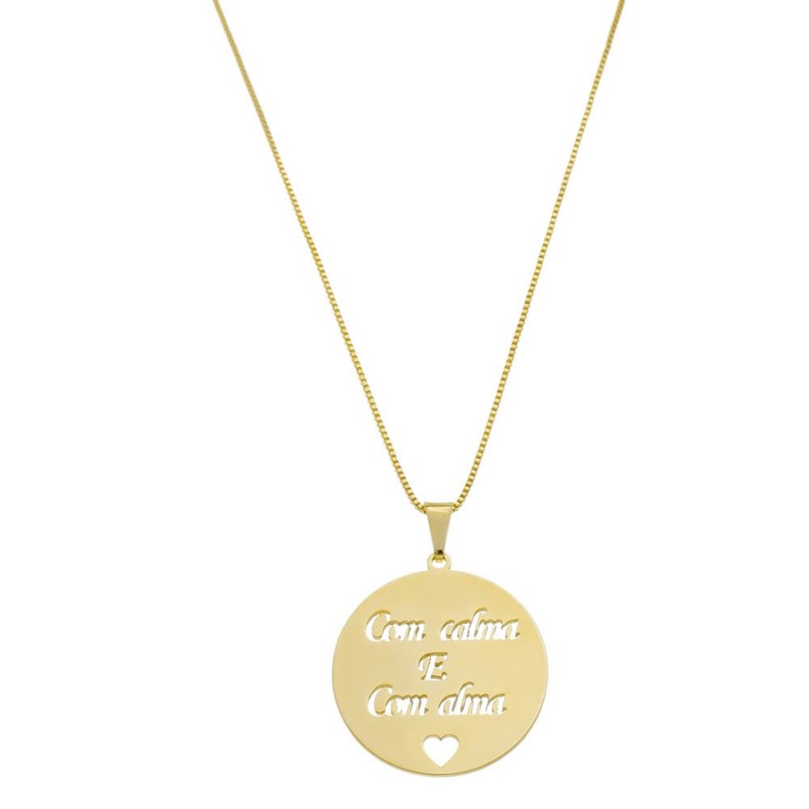 Colares Piuka | Colar Longo Medalha Com Calma E Com Alma Folheado Ouro 18K