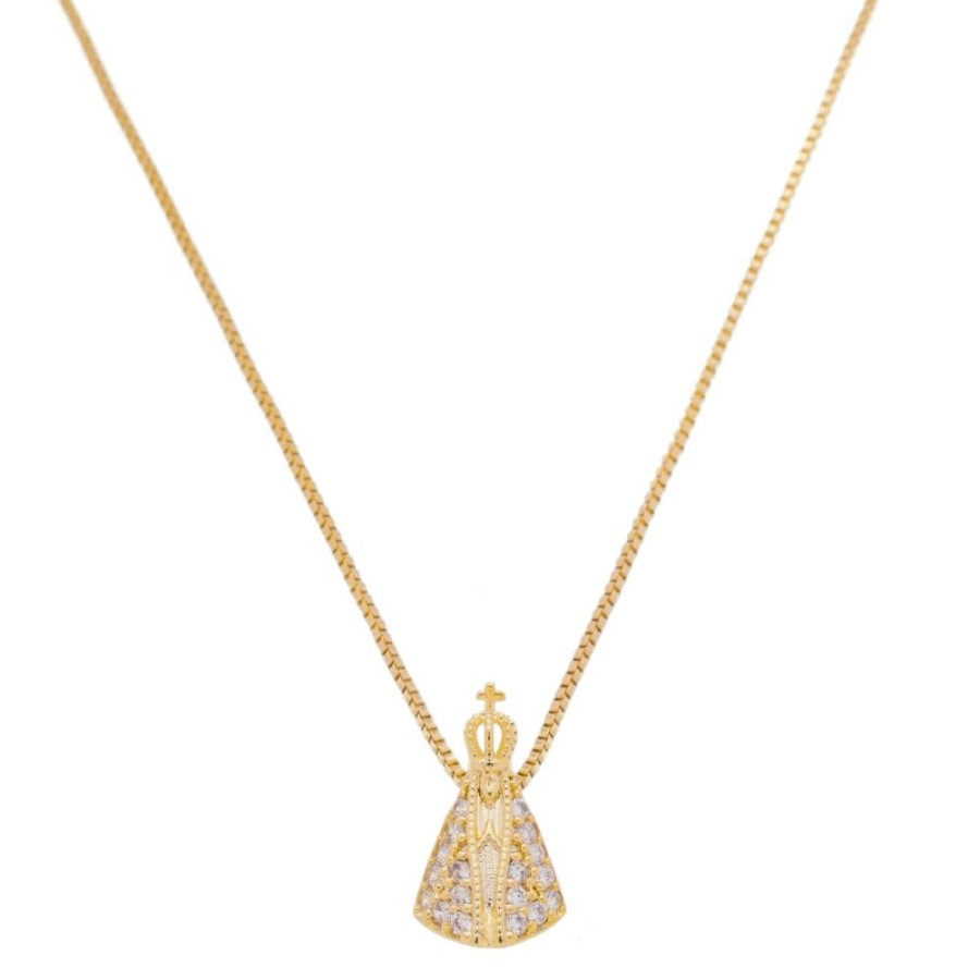 Colares Piuka | Colar Nossa Senhora Aparecida Pequena Manto Zirconia Cristal Folheado A Ouro 18K