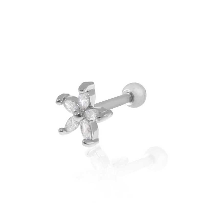 Piercings Piuka | Piercing De Furo Piuka Haste 6Mm Flor Navete Zirconia Prata