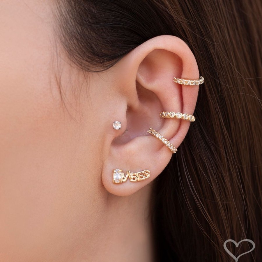 Brincos Piuka | Brinco Ear Cuff Good Vibes Assimetrico Zirconia Folheado A Ouro 18K