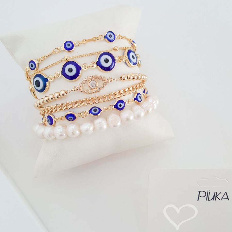 Piercings Piuka | Pulseira Olho Grego Azul Folheada A Ouro 18K Grecia