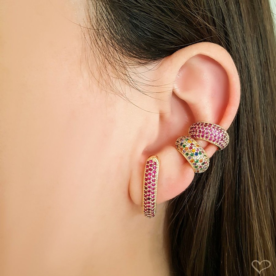 Brincos Piuka | Brinco Ear Hook Helo 3 Fileiras Zirconias Pink Folheado A Ouro 18K