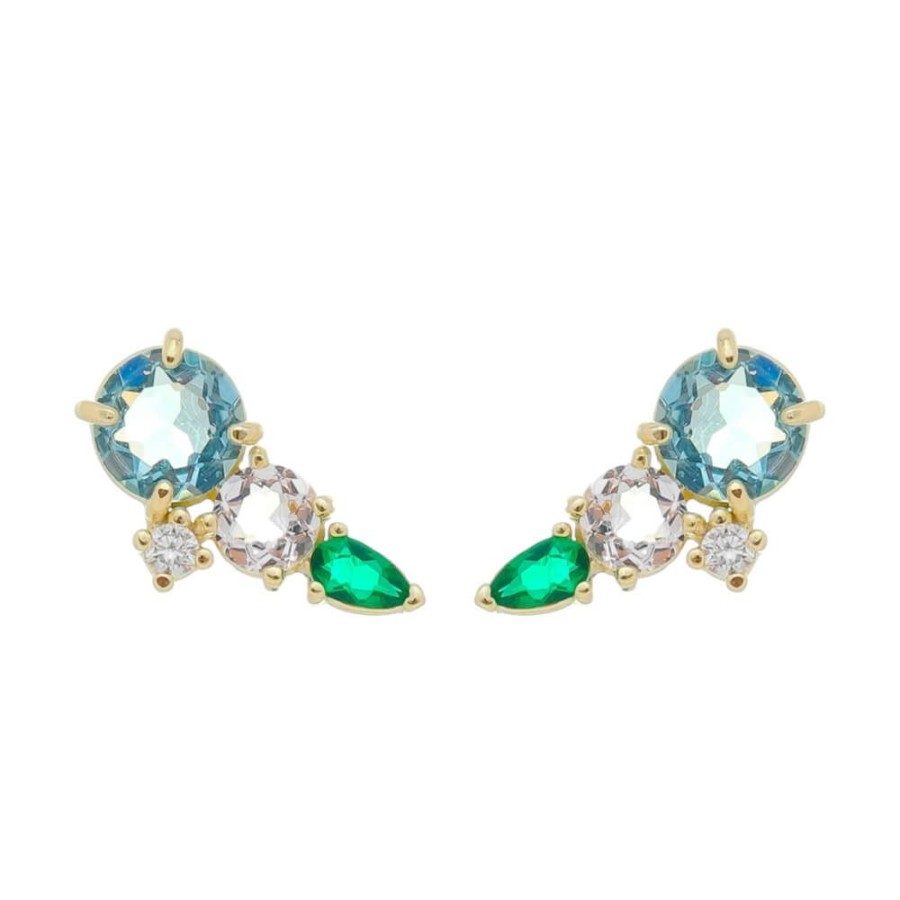 Brincos Piuka | Brinco Ear Cuff Helo Zirconias Acqua, Cristal E Esmeralda Folheado A Ouro 18K