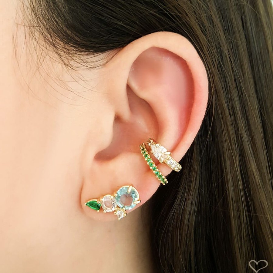 Brincos Piuka | Brinco Ear Cuff Helo Zirconias Acqua, Cristal E Esmeralda Folheado A Ouro 18K