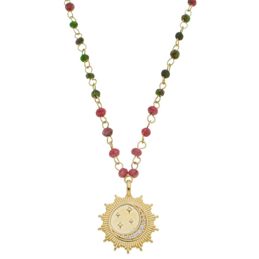 Colares Piuka | Colar Longo Medalha Alya Sol Lua Estrela Pedra Natural Jade Rosa Verde Folheado A Ouro 18K