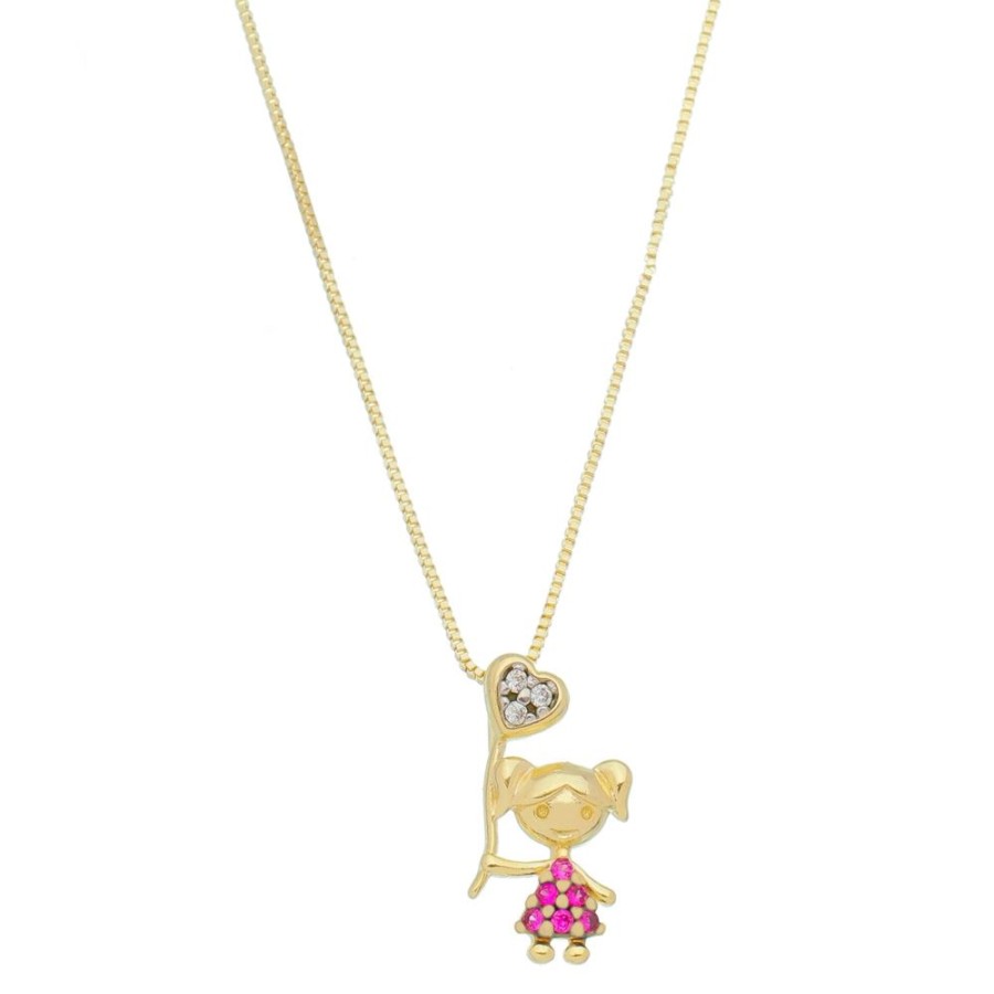 Colares Piuka | Colar Mae De Menina Coracao Zirconias Pink Folheado A Ouro 18K