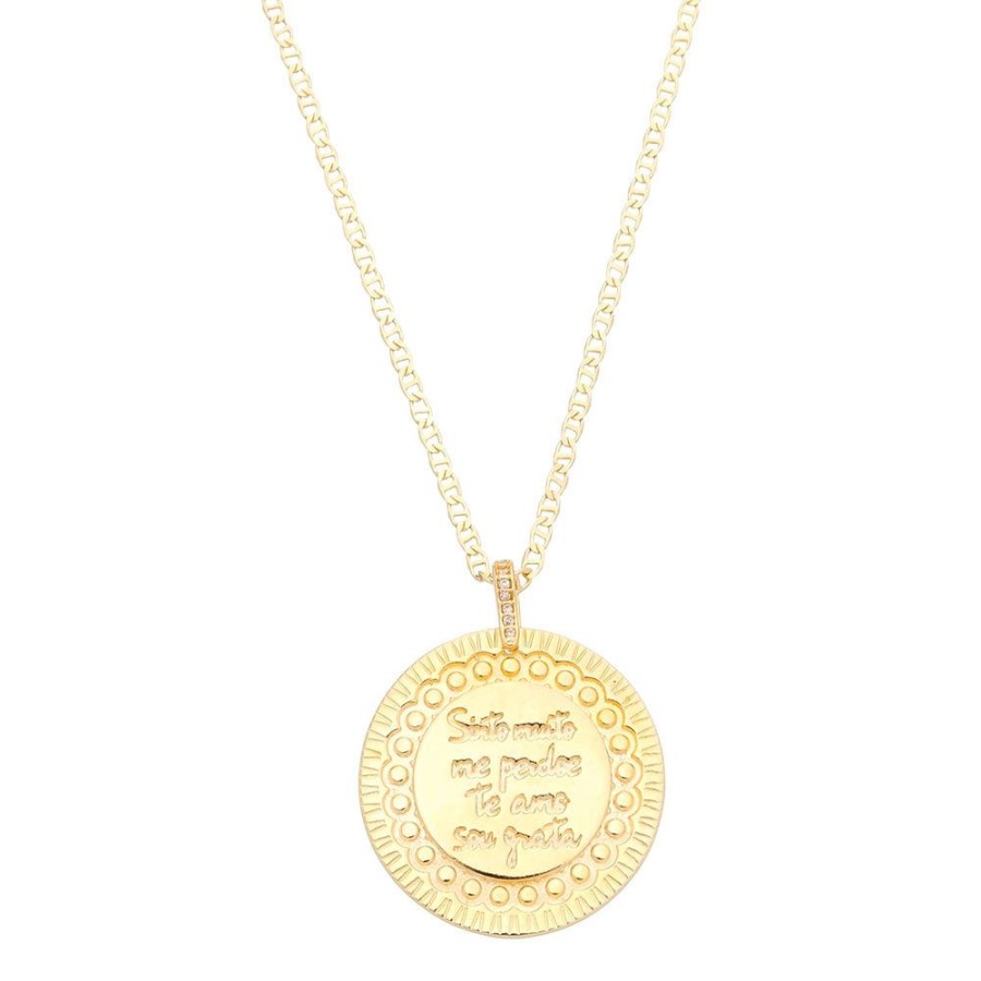 Colares Piuka | Colar Longo Medalha Hooponopono Vintage Folheado A Ouro 18K