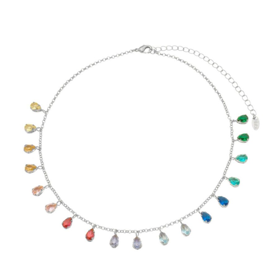 Chokers Piuka | Choker Piuka Vivian Gotas Zirconias Coloridas Folheada Em Rodio Branco