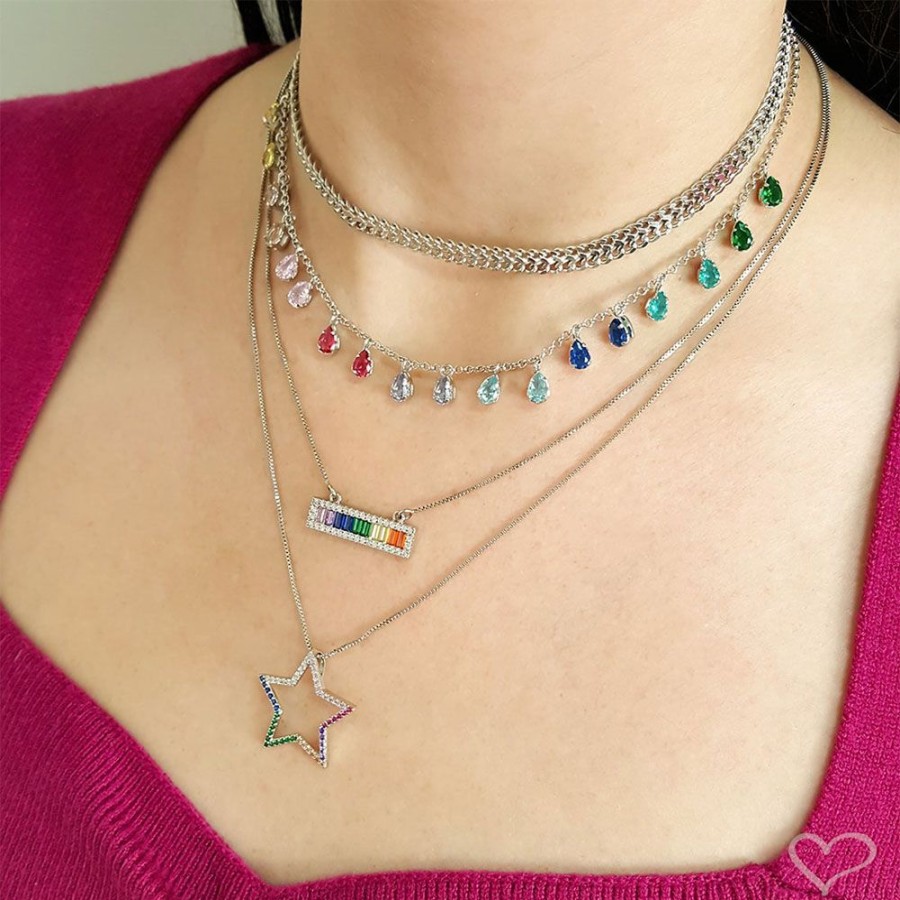 Chokers Piuka | Choker Piuka Vivian Gotas Zirconias Coloridas Folheada Em Rodio Branco