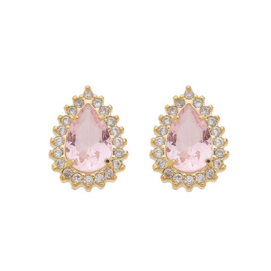 Brincos Piuka | Brinco Maria Fernanda Gota Zirconia Rosa Folheado A Ouro 18K