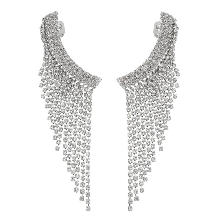 Brincos Piuka | Brinco Ear Cuff Leonie Strass Franja Folheado Em Rodio Branco