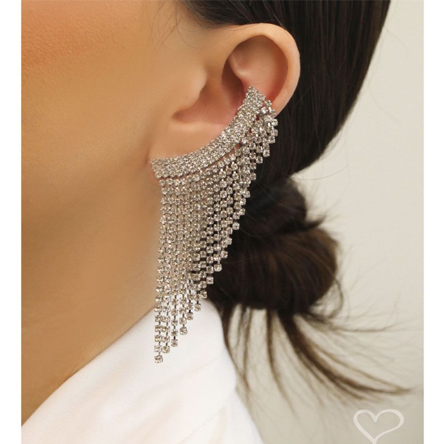 Brincos Piuka | Brinco Ear Cuff Leonie Strass Franja Folheado Em Rodio Branco