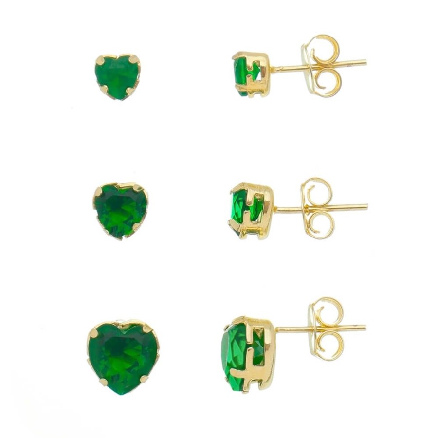 Brincos Piuka | Kit Tres Brincos Lela Zirconia Coracao Esmeralda Folheado A Ouro 18K