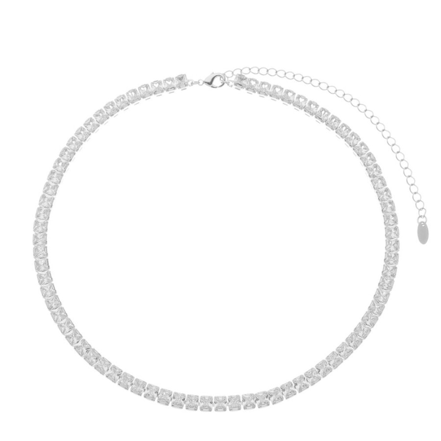 Chokers Piuka | Choker Riviera Nubia Zirconias Quadradas Folheada Em Rodio Branco