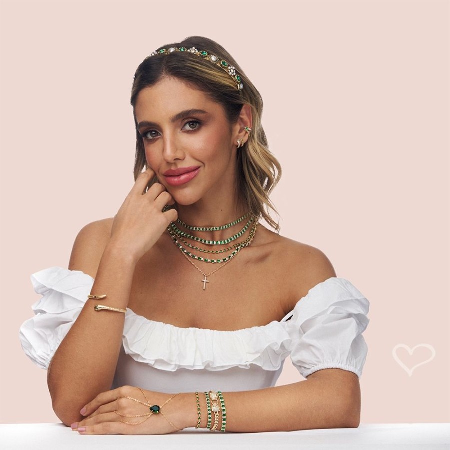 Colares Piuka | Choker Riviera Tatiane Media Zirconias Baguete Esmeralda Folheada A Ouro 18K