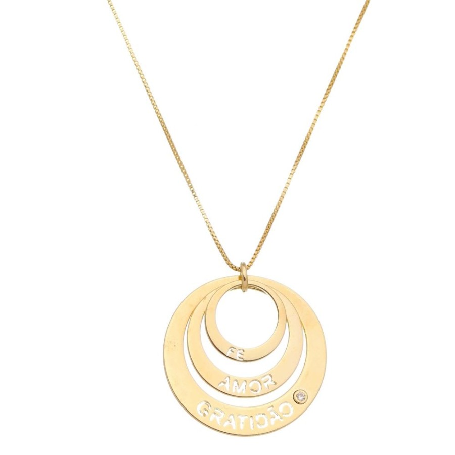 Colares Piuka | Colar Longo Life Circulos Fe, Amor E Gratidao Folheado A Ouro 18K