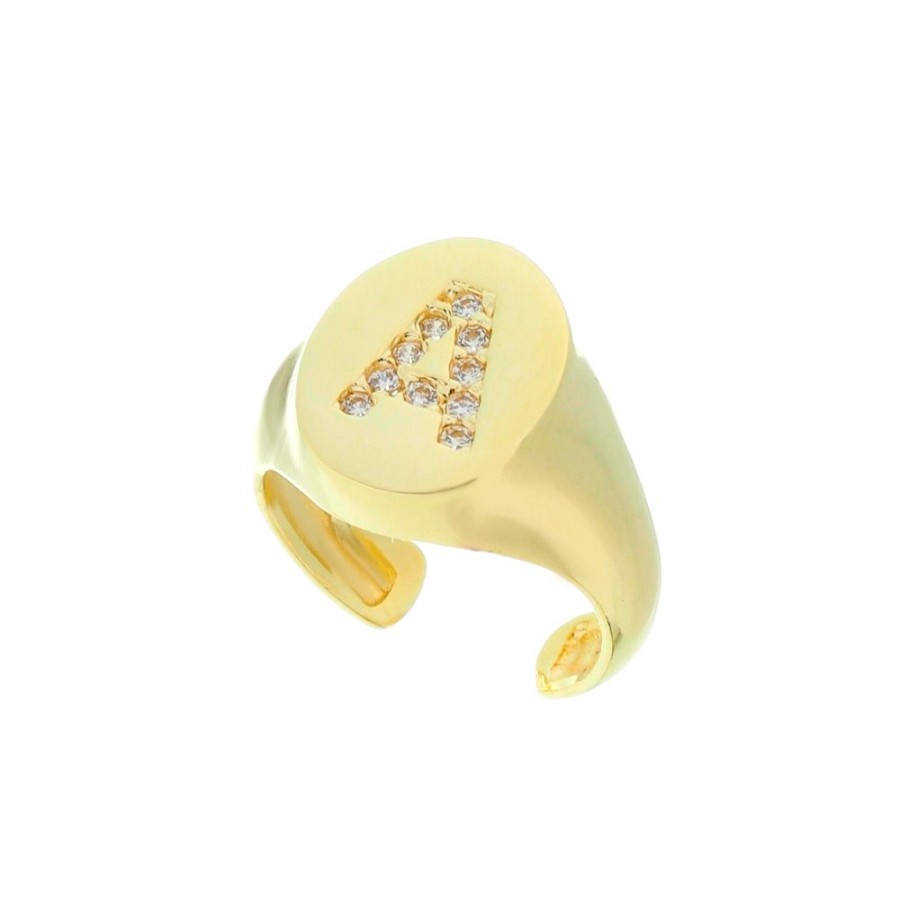 Aneis Piuka | Anel De Dedinho Piuka Letra Incial Zirconia Folheado A Ouro 18K