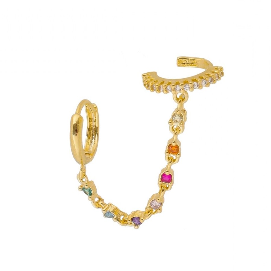 Brincos Piuka | Brinco Ear Line Unitario Ale Zirconias Coloridas Folheado A Ouro 18K