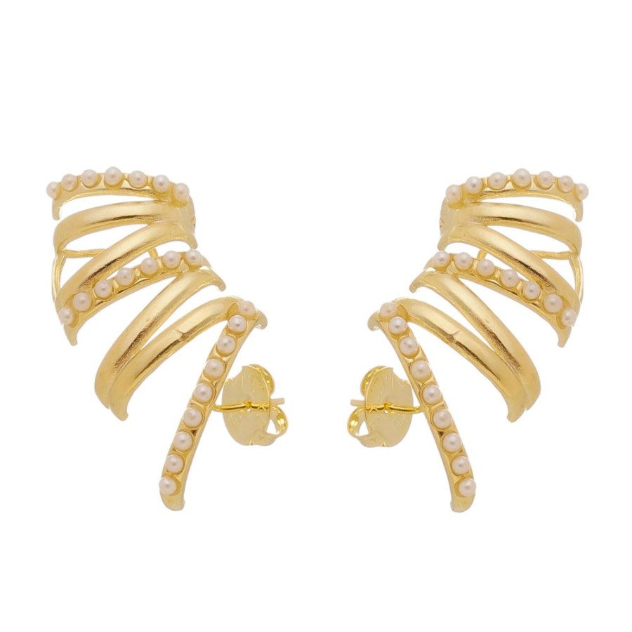 Brincos Piuka | Brinco Ear Cuff Rafaela Perolas Folheado A Ouro 18K