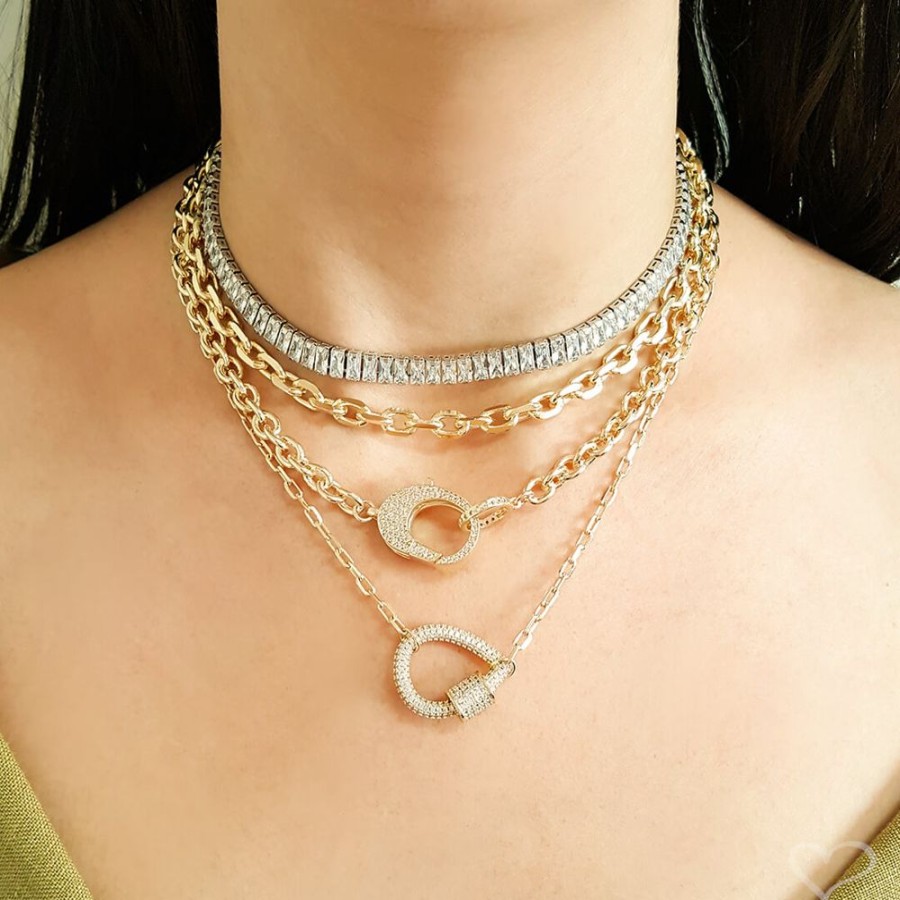 Chokers Piuka | Choker Piuka Taylor Media Zirconias Baguete Cristal Folheada Em Rodio Branco