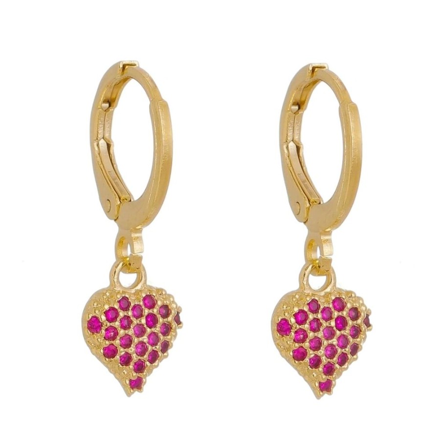 Brincos Piuka | Brinco Argolinha Nanda Coracao Zirconias Pink Folheado A Ouro 18K