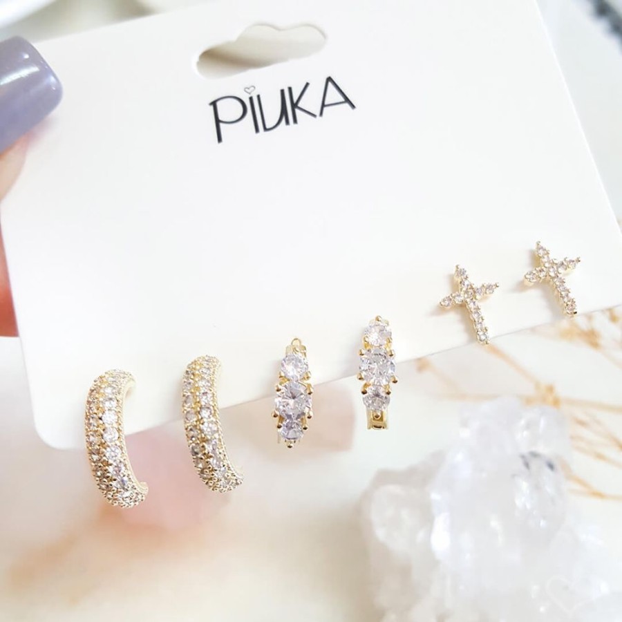 Brincos Piuka | Kit 3 Brincos Piuka Niko Cruz Argolinhas Zirconia Cristal Folheado A Ouro 18K