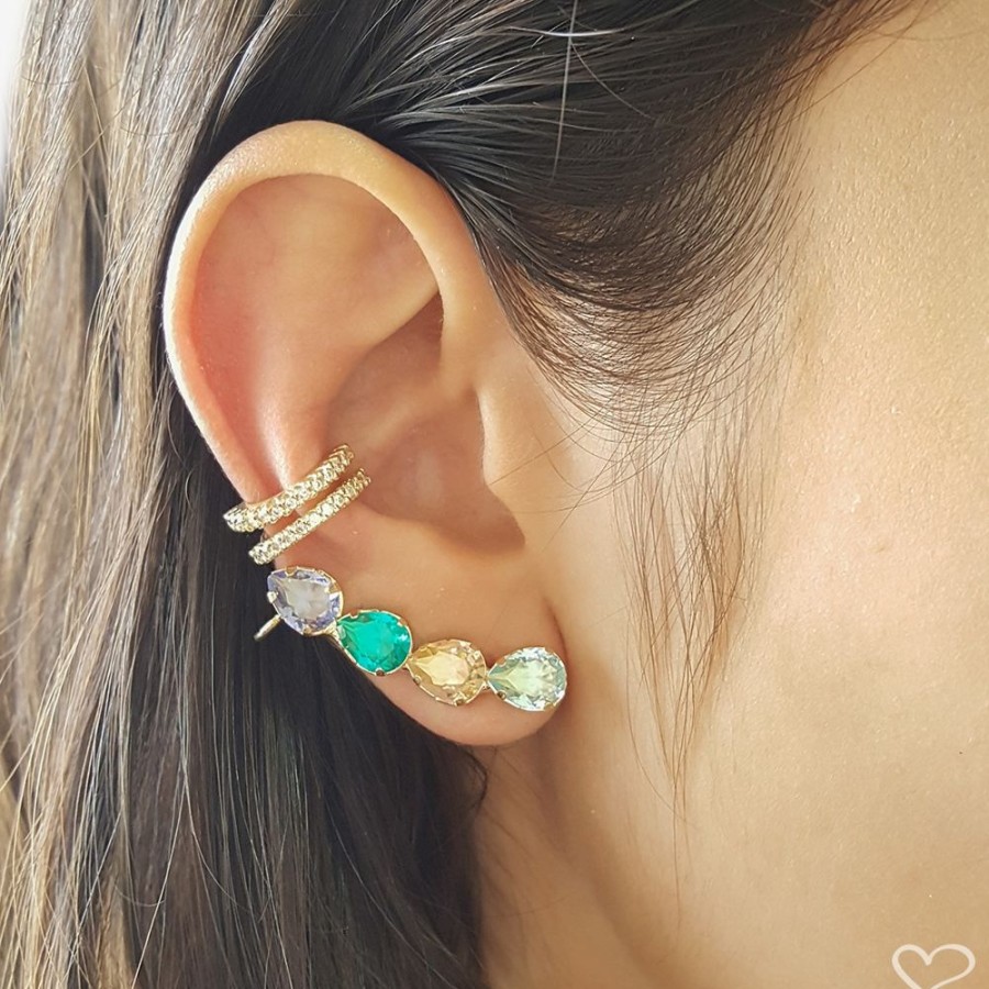 Brincos Piuka | Brinco Ear Cuff Callie Gotas Zirconias Coloridas Folheado Em Rodio Branco