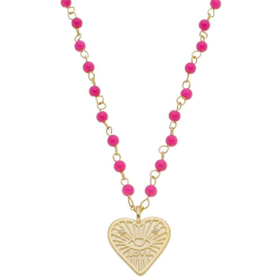 Colares Piuka | Colar Love Coracao Olho Grego Zirconias Murano Pink Folheado A Ouro 18K