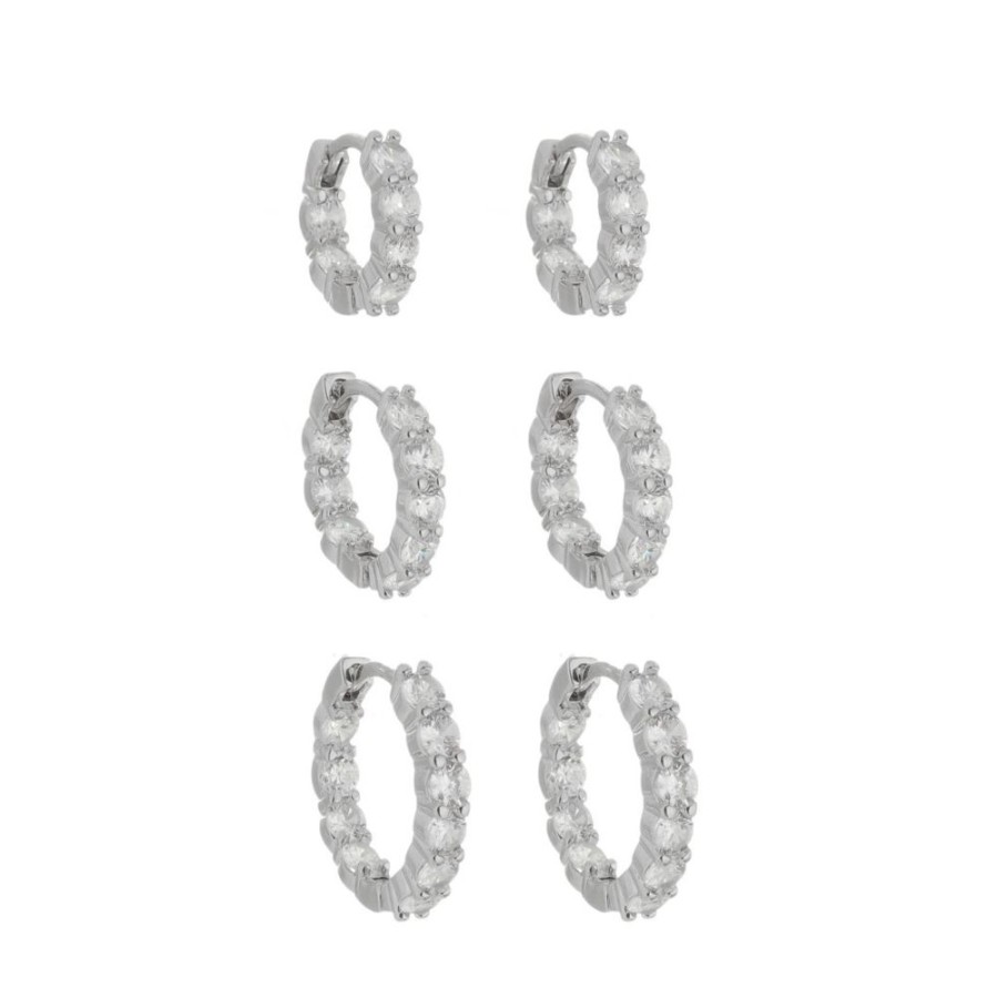 Brincos Piuka | Trio De Brincos Argolinha Milly Zirconias Folheado Em Rodio Branco