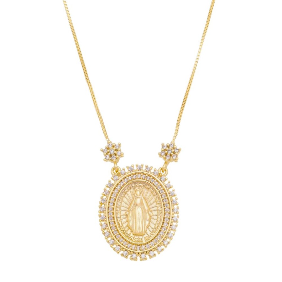 Colares Piuka | Colar Nossa Senhora Das Gracas Medalha Oval Zirconias Folheado A Ouro 18K