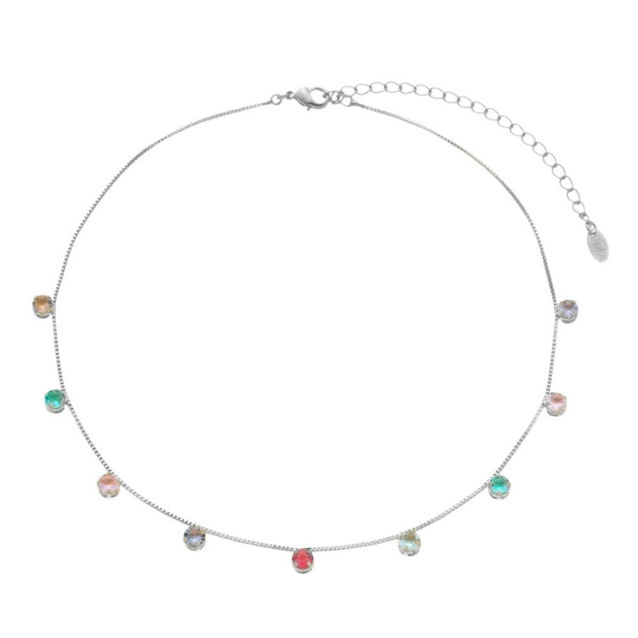 Chokers Piuka | Choker Piuka Milli Zirconia Colorida Folheada Em Rodio Branco