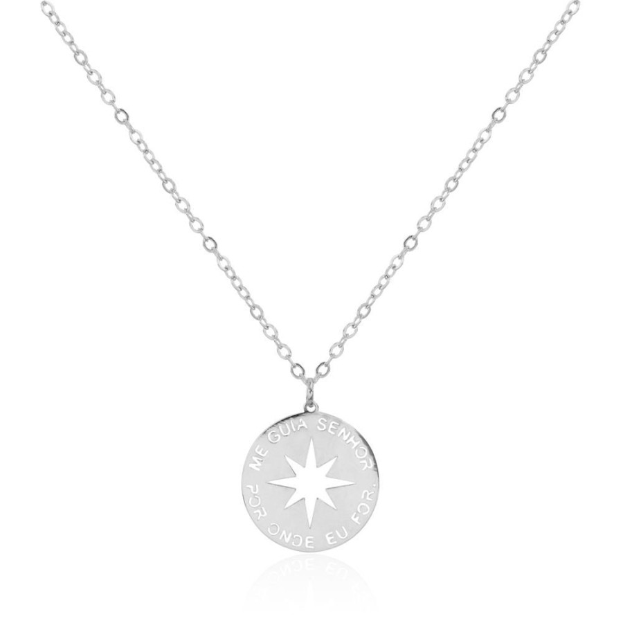 Colares Piuka | Colar Feminino Medalha Me Guia Senhor Por Onde Eu For Folheado Em Rodio Branco