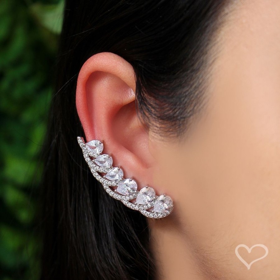 Brincos Piuka | Brinco Ear Cuff Lorena Zirconias Folheado Em Rodio Branco