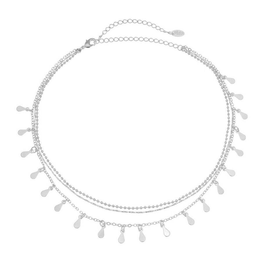 Chokers Piuka | Choker Piuka 3 Correntes Antonella Mini Gotas Folheada Em Rodio Branco