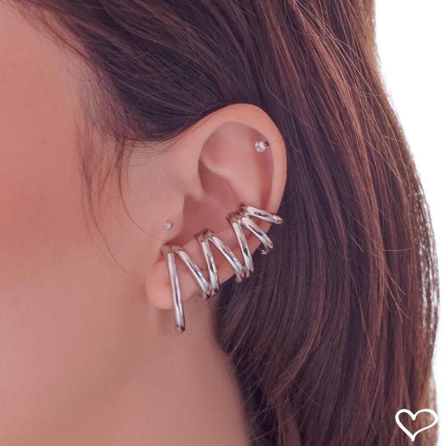 Brincos Piuka | Brinco Flavia Ear Cuff Folheado Em Rodio Branco