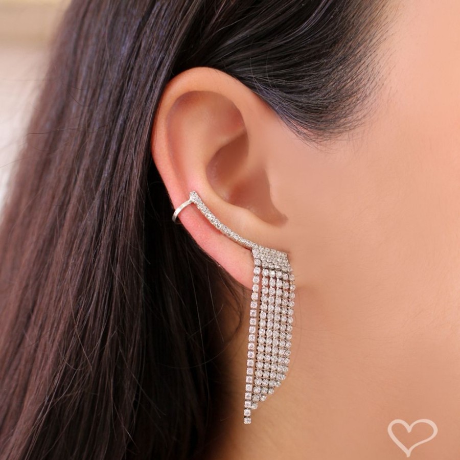 Brincos Piuka | Brinco Ear Cuff Jenny Franjas Zirconias Folheado Em Rodio Branco