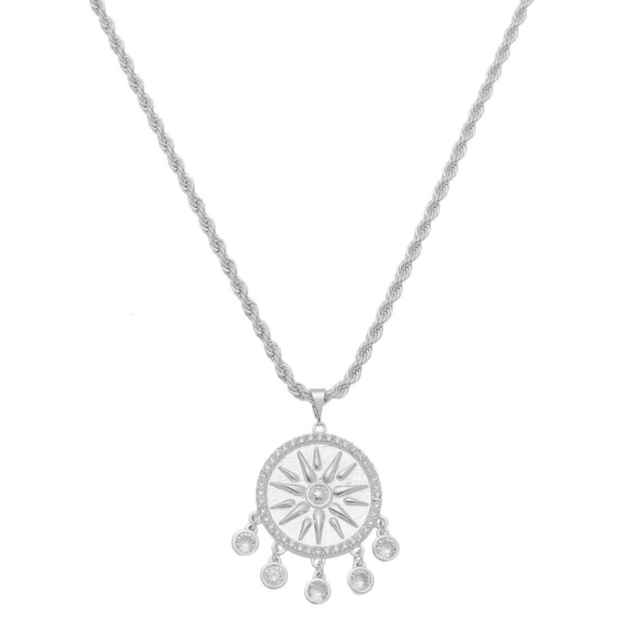 Colares Piuka | Colar Feminino Medalha Sol Seja Luz Zirconias Folheado Em Rodio Branco