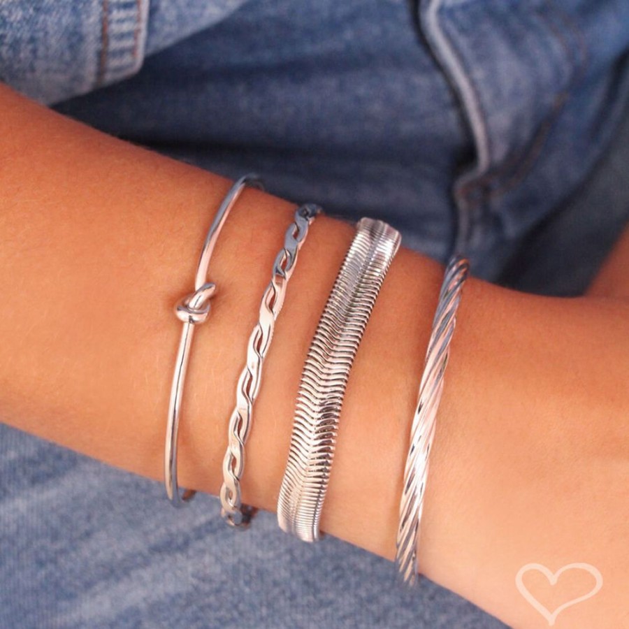 Mix Piuka | Mix Pulseira Malha Metal E Braceletes Rodio Branco