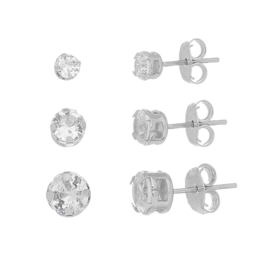 Brincos Piuka | Trio De Brincos Liane Ponto De Luz Zirconia Cristal Folheado Em Rodio Branco