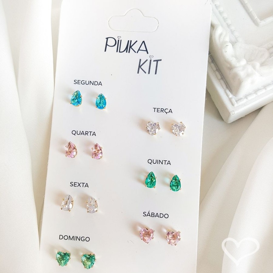 Brincos Piuka | Kit 7 Brincos Semaninha Dri Zirconia Colorida Folheado A Ouro 18K